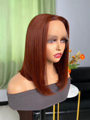 14 Inch Dark Copper Red Straight Bob Wig Lace Part Frontal Wigs