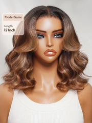 13x4 Bye Bye Slip? Lace Frontal Caramel Brown with Hightlights Wavy Bob Glueless Wig with Invisi Drawstring