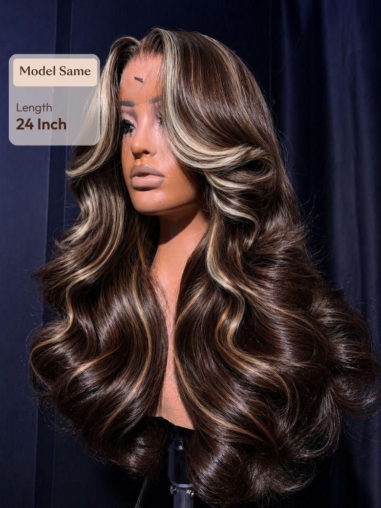 7x5 Bye Bye Slip? Lace Chocolate Brown Loose Wave Drawstring Wig with Platinum Blonde Highlighted Face Framing Layers