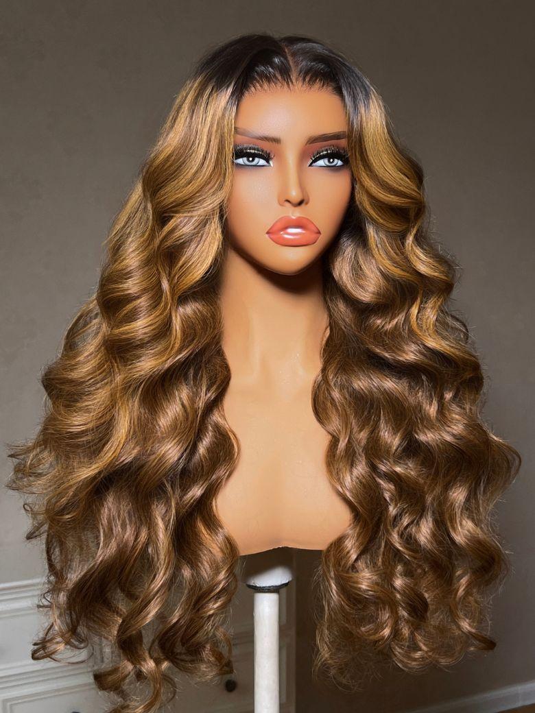 Bye-Bye Knots? 7x5 Lace Honey Brown Highlights Body Wave Drawstring Wig with Dark Roots