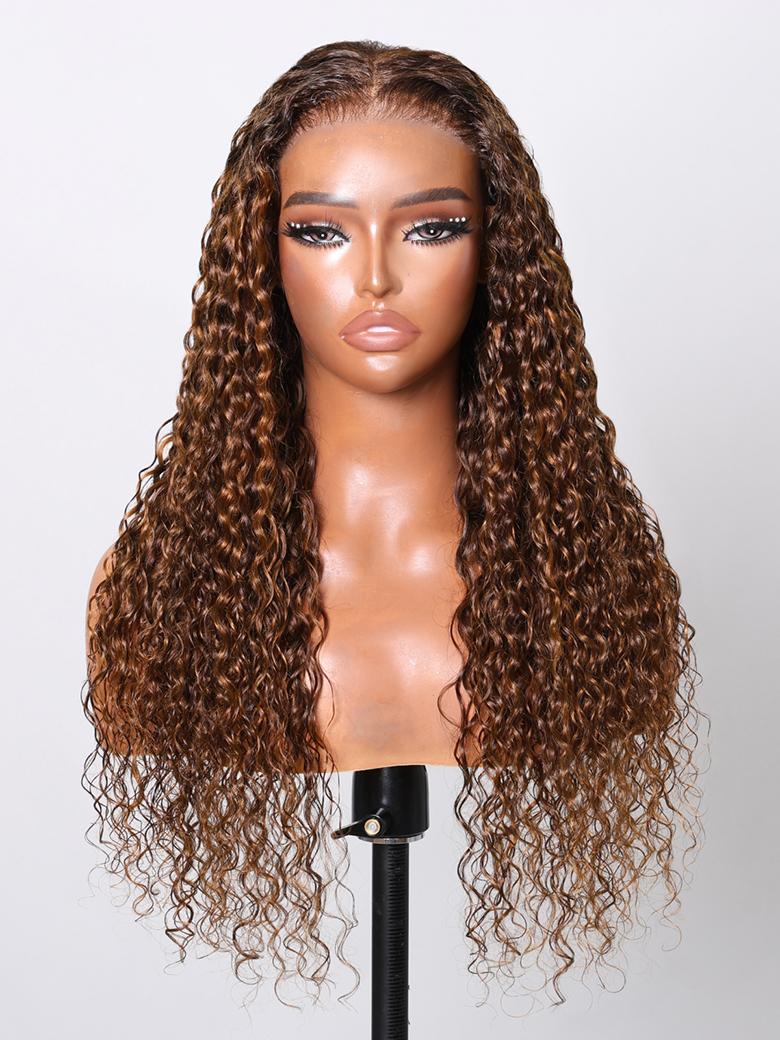 7x5 Byebye Knots Put On And Go Brown Piano Highlights Water Wave Glueless Wig 150% Density