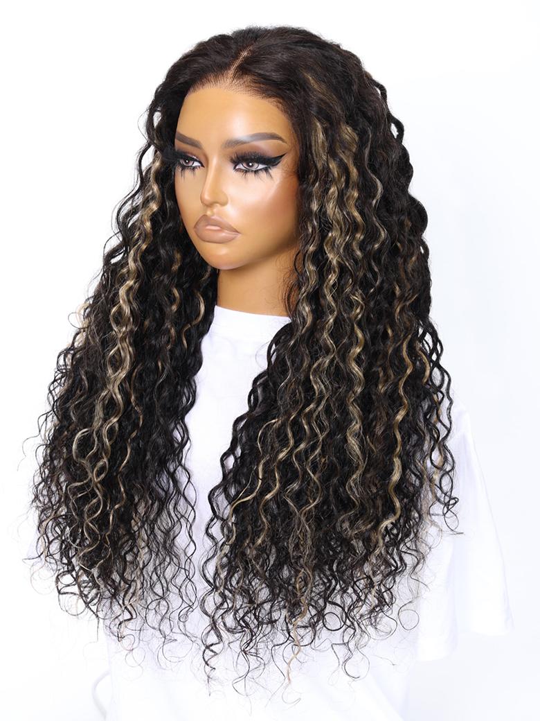 Bye-Bye Knots Wig 7x5 Lace Black With Blonde Highlights Water Wave Wig