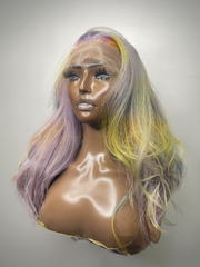 13x4 Lace Front Rainbow Color On Lavender Hair Wavy Wig