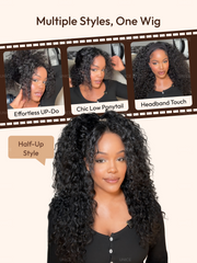 InvisiBlend? V Part Bouncy Water Wave Curly Seamless Blending Wig With Drawstring 150% Density Protect Your Natural Hair