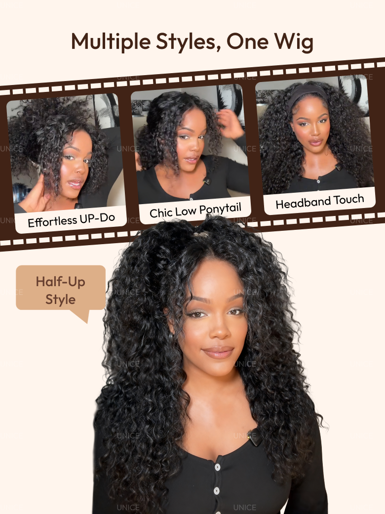 InvisiBlend? V Part Bouncy Water Wave Curly Seamless Blending Wig With Drawstring 150% Density Protect Your Natural Hair