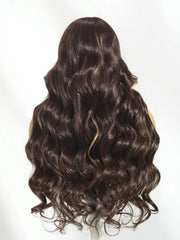 Bye-Bye Knots 7x5 Lace Chocolate Brown Hair With Highlights Loose Wave Wig With Face Framing Layers