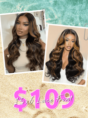 [From 20"] 13X6 Balayage Highlight& 7x5 Bye-Bye Knots Black with Caramel Blonde Highlights Body Wave Lace Wig With Drawstring