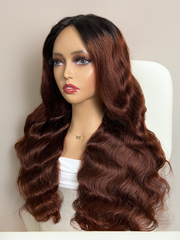 Beginner Friendly Hollow Rose V Part Wig No Glue Throw On & Go Red Brown Body Wave Wig With Dark Roots Flash Deal