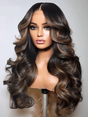13x4 Pre-Everything? Lace Front Espresso Brown With Highlights Bouncy Loose Wave Wig