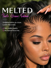 Undetectable melted lace front wig close-up highlighting a natural, pre-plucked hairline with styled baby hairs.