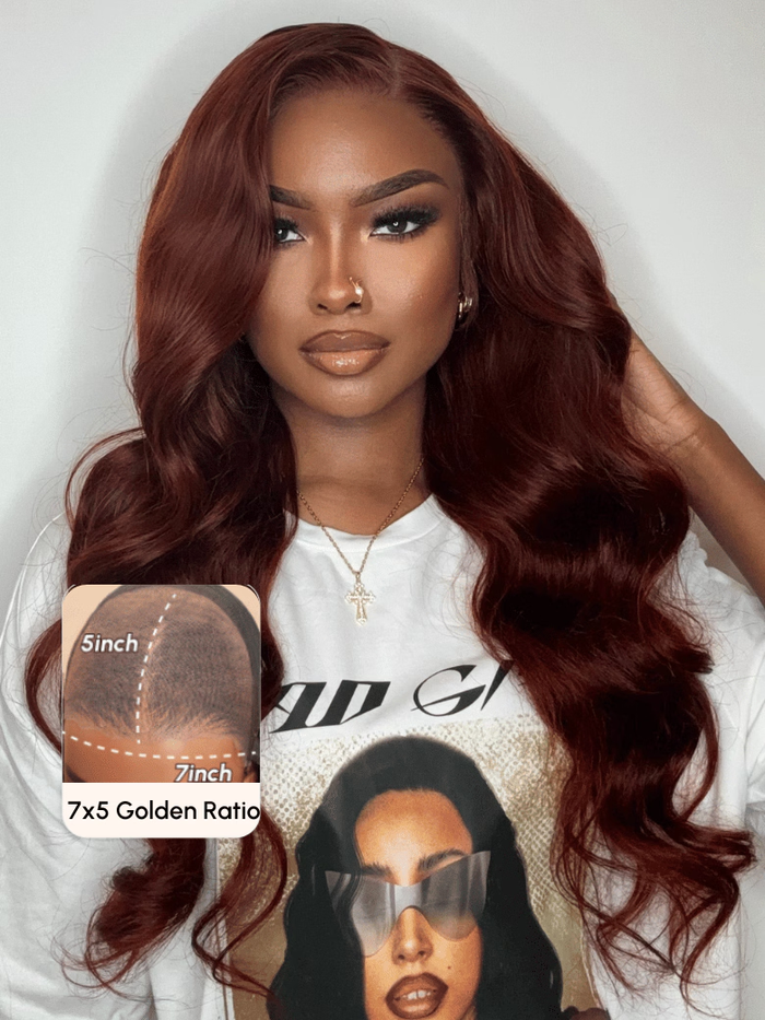 Petaluxe 7x5 Byebye Knots Lace Reddish Brown Body Wave Bleached Knots Blend Seamless Wig