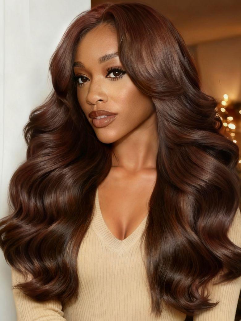 13x4 Pre-Everything? Lace Frontal Auburn Brown Loose Wave Wig with Invisi Drawstring & Face Framing Layers