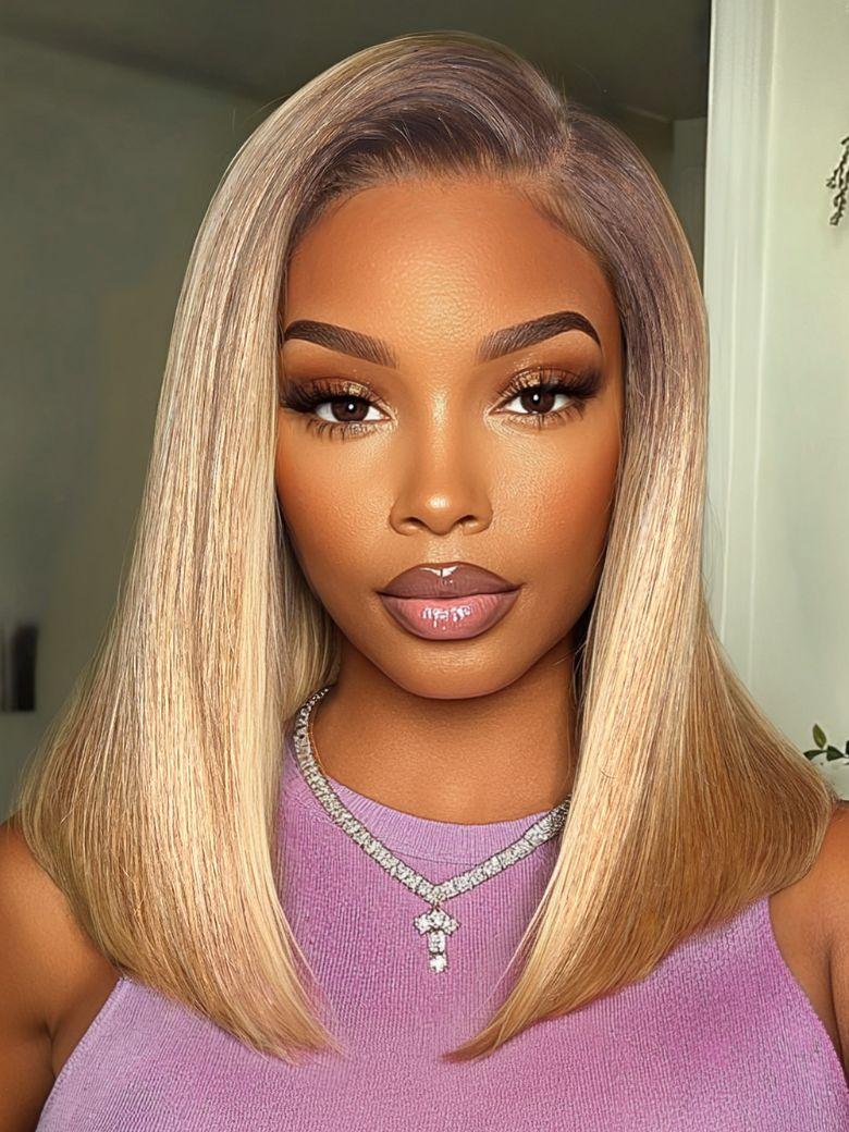 Bye-Bye Slip 7x5 Lace Blonde with Brown Roots Side Part Blunt Bob Drawstring Wig 150% destiny
