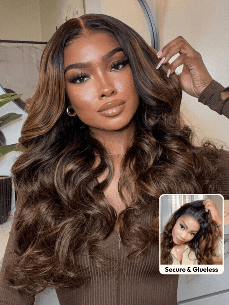 7x5 Bye Bye Knots? Wig Glueless Lace Balayage Highlight Body Wave Drawstring & With Bangs Wig