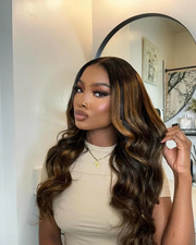Brown Hair With Highlights Body Wave Wig With Face Framing Layers Beginner Friendly V Part 150% Density