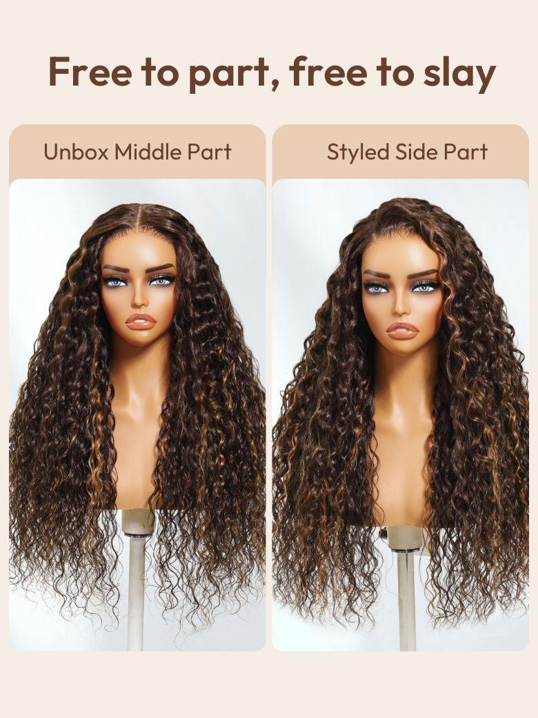 [From 20 Inch] Bye-Bye Knots? 7x5 Lace Dark Toffee Brown with Auburn Highlights Water Wave Wig with Invisi Drawstring