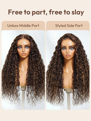[From 20 Inch] Bye-Bye Knots? 7x5 Lace Dark Toffee Brown with Auburn Highlights Water Wave Wig with Invisi Drawstring