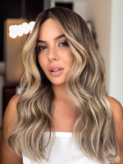 Dark Roots Medium Brown Hair with Highlights Wavy Wig