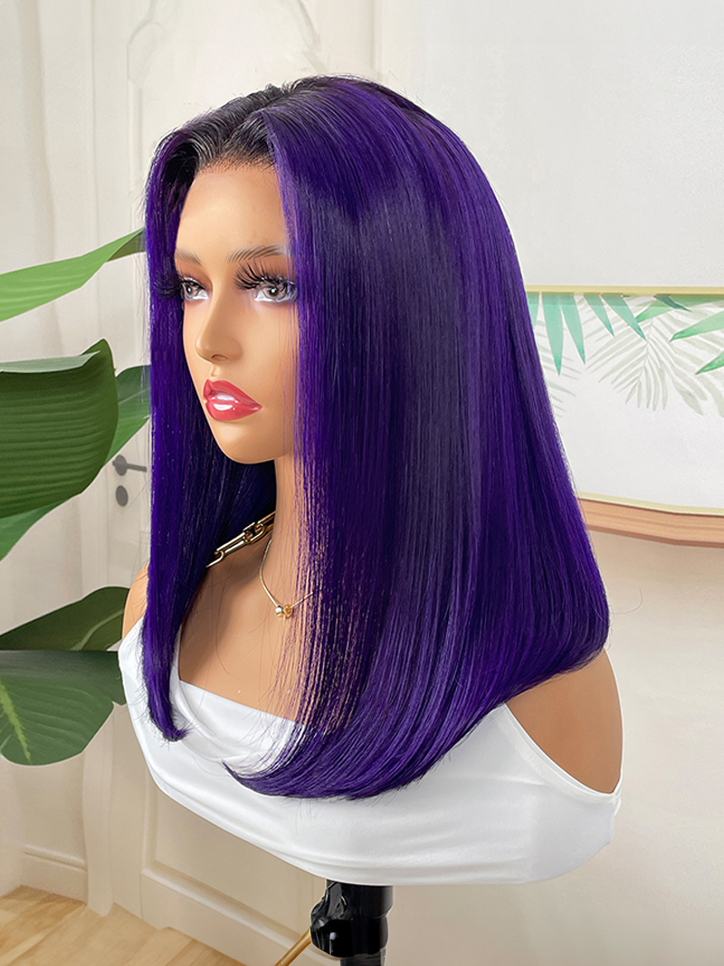 Lace Front Blunt Cut Bob Dark Purple Wig With Dark Roots