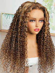 [22"=$109] Honey Blonde Balayage Jerry Curly 4x4 Lace Wig 150% Density Human Hair Wigs Friday Deal