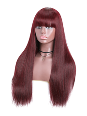 18 Inch Burgundy Silk Straight Human Hair Wigs with Bangs Glueless Machine Made Wigs for Women Real Hair Wig