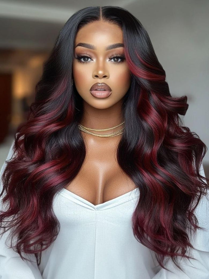 Petaluxe Bye-Bye Knots 7x5 Lace 180% Density Loose Wave Burgundy Highlights Wig with Face Framing Layers