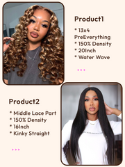 2 Wigs $172 for 20" Honey Blonde 13x4 PreEverything Lace Front Water Wave Wig & 16" Middle Lace Part Kinky Straight Hair