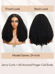 24-inch jerry curly human hair wig: comparison of front and back looks featuring all-around finger coil ends.