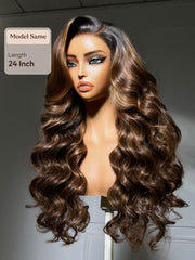 7x5 Bye Bye Slip? Lace Caramel Highlights on Chocolate Brown with Dark Roots Body Wave Glueless Wig with Side Part Bangs