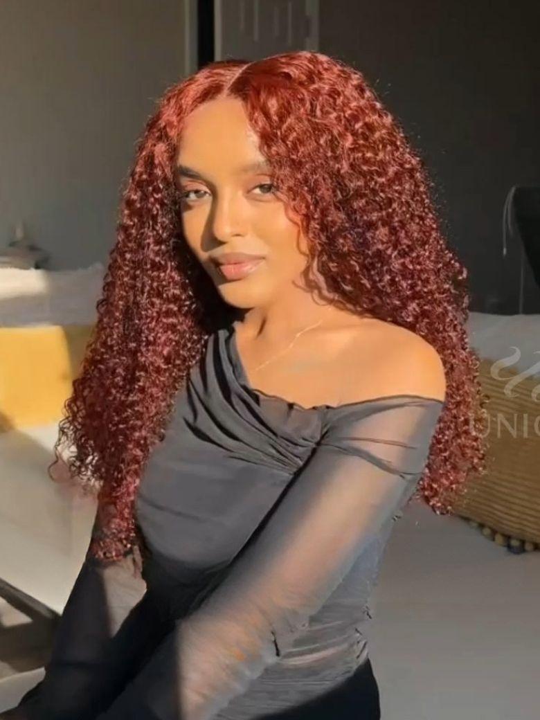 7x5 Bye-Bye Knots? Wig Glueless Lace Jerry Curly Reddish Brown Drawstring Wig With Bleached Knots 150% Density