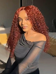 7x5 Bye-Bye Knots? Wig Glueless Lace Jerry Curly Reddish Brown Drawstring Wig With Bleached Knots 150% Density