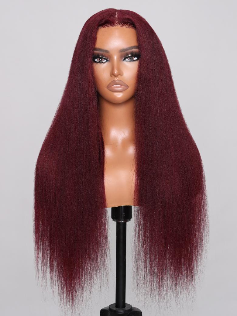 Bye Bye Knots Wig 7x5 Glueless Lace Burgundy Yaki Wig With Bleached Knots