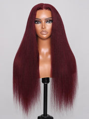 Bye Bye Knots Wig 7x5 Glueless Lace Burgundy Yaki Wig With Bleached Knots
