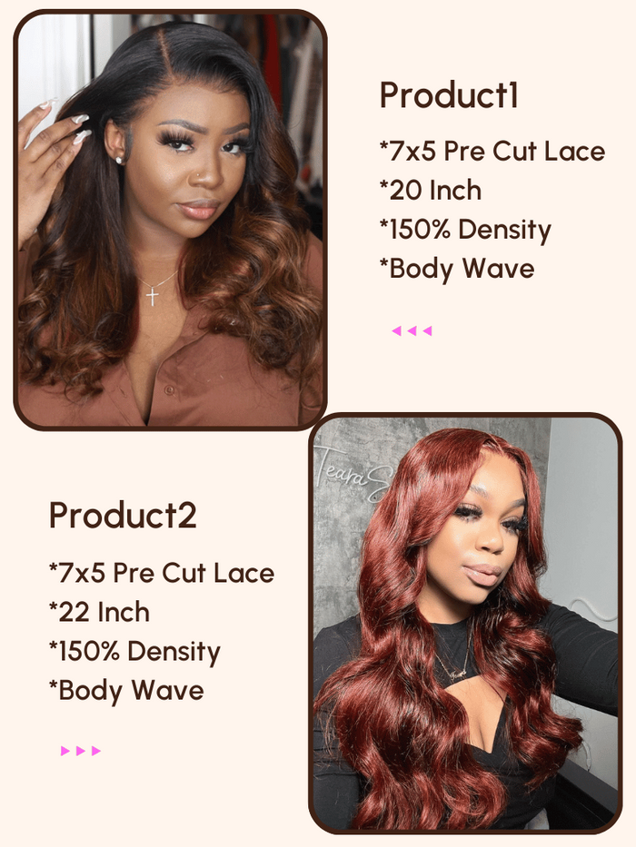 Petaluxe [2 wigs=$319] Both 22" 7x5 Lace Bye Bye Knots Balayage Highlight Body Wave and Reddish Brown Wig