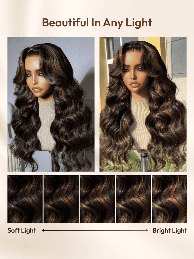 7x5 Bye Bye Slip? Lace Black with Golden Brown Highlights Body Wave Wig with Invisi Drawstring 150% Density