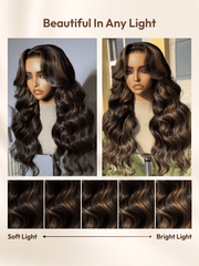7x5 Bye Bye Slip? Lace Black with Golden Brown Highlights Body Wave Wig with Invisi Drawstring 150% Density