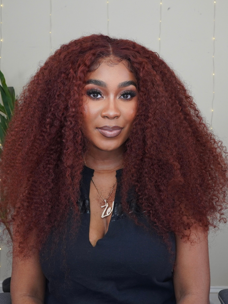 7x5 Put On And Go Pre-Plucked Reddish Brown Kinky Curly Wig 150% Density