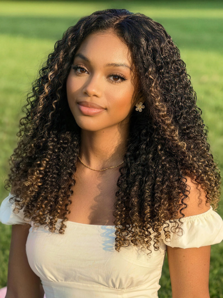 EasiContour? V Part Black to Chestnut Brown Jerry Curly Drawstring Wig & 7x5 Bye Bye Slip? Glueless Lace Burmese Curly With Finger Coil Ends Wig
