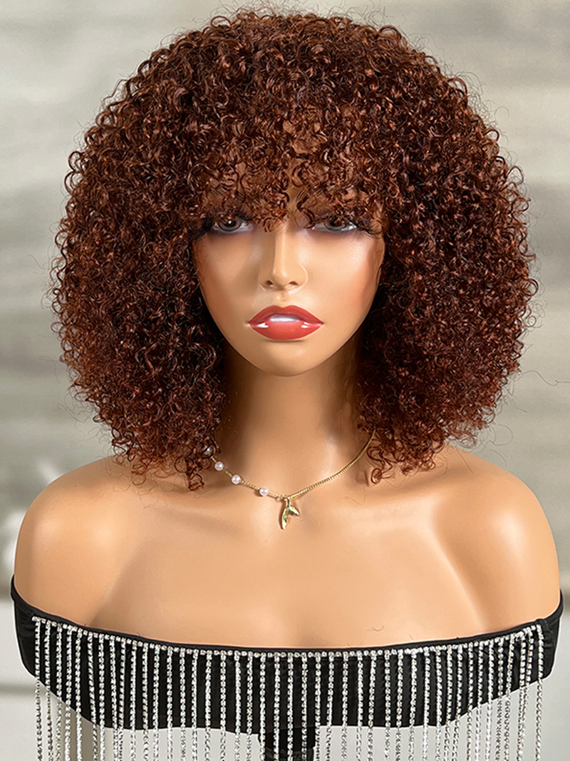 Glueless Ready To Wear Dark Auburn Short Curly Afro Wig With Bangs