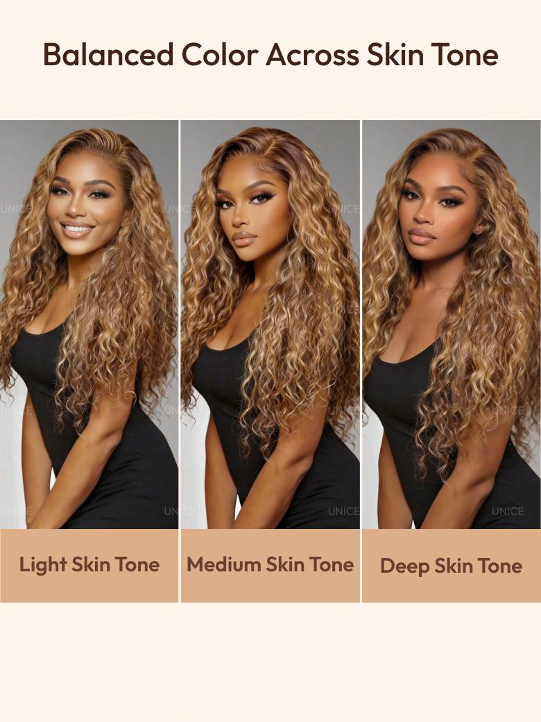 13x4 Bye Bye Slip? Lace Frontal Caramel Brown With Honey Blonde Highlights Water Wave Glueless Drawstring Wig