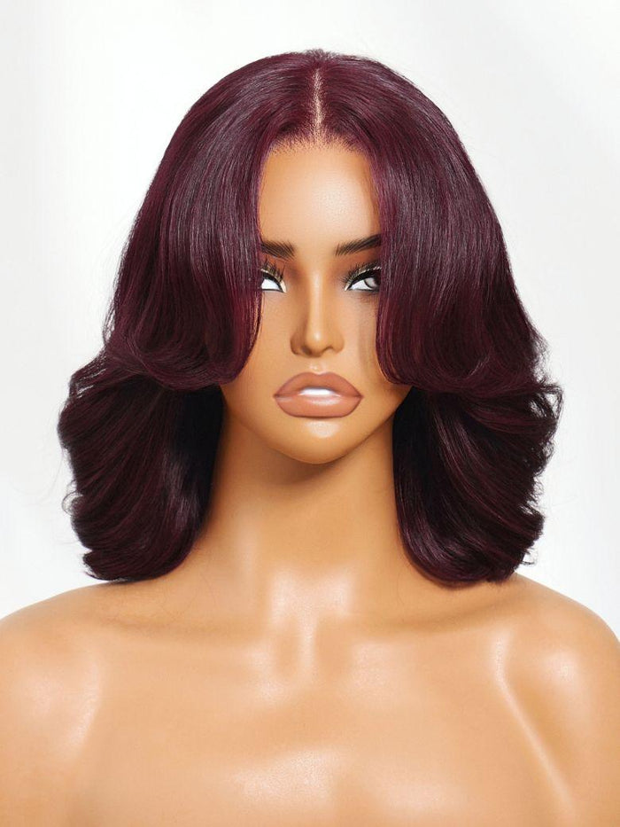 Petaluxe 100% Human Hair Black Cherry Bye-Bye Knots? 7x5 Lace Glueless Bob Drawstring Body Wave Wig 150% Density