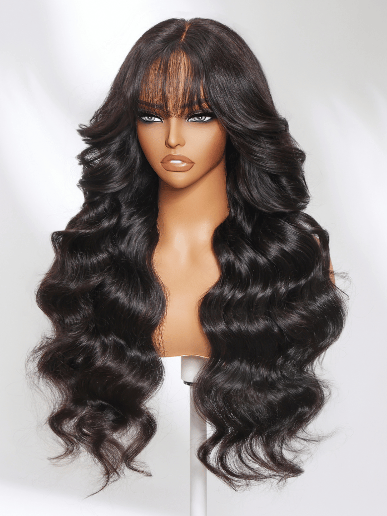 13x4 Pre-Everything? Lace Frontal Black Fluffy Natural Curtain Bangs Loose Wave Wig