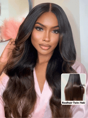 20inch 7x5 Bye-Bye Knots Lace Black to Chestnut Brown Ombre Yaki Straight Wig With Invisi Drawstring& Loose Wave Wig