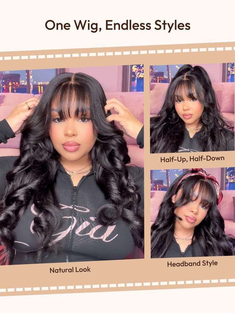 7x5 Bye-Bye Knots? & 13x4 Pre-Everything? & HD Lace Frontal Pull And Go Black Fluffy Natural & Balayage Highlights Loose Wave Wispy Bangs Wig