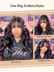 7x5 Bye-Bye Knots? & 13x4 Pre-Everything? & HD Lace Frontal Pull And Go Black Fluffy Natural & Balayage Highlights Loose Wave Wispy Bangs Wig