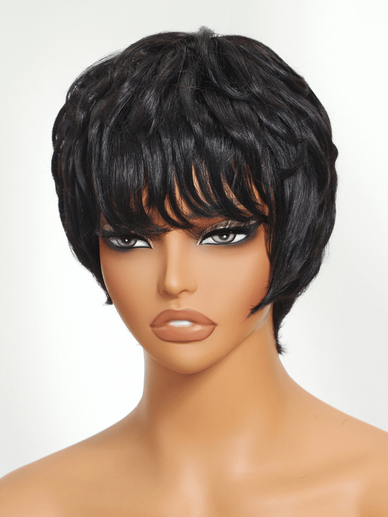 Short Pixie Cut Human Hair Glueless Wig With Full Bangs