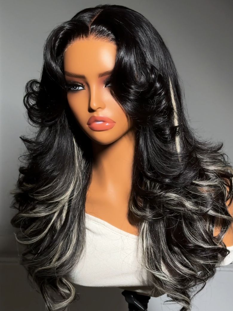 [200% Density | 7x5 Bye-Bye Slip] 7x5 Lace Black & Ash Highlights on Black Hair Feathered Hairstyles 200% Density Wig with Side Bangs