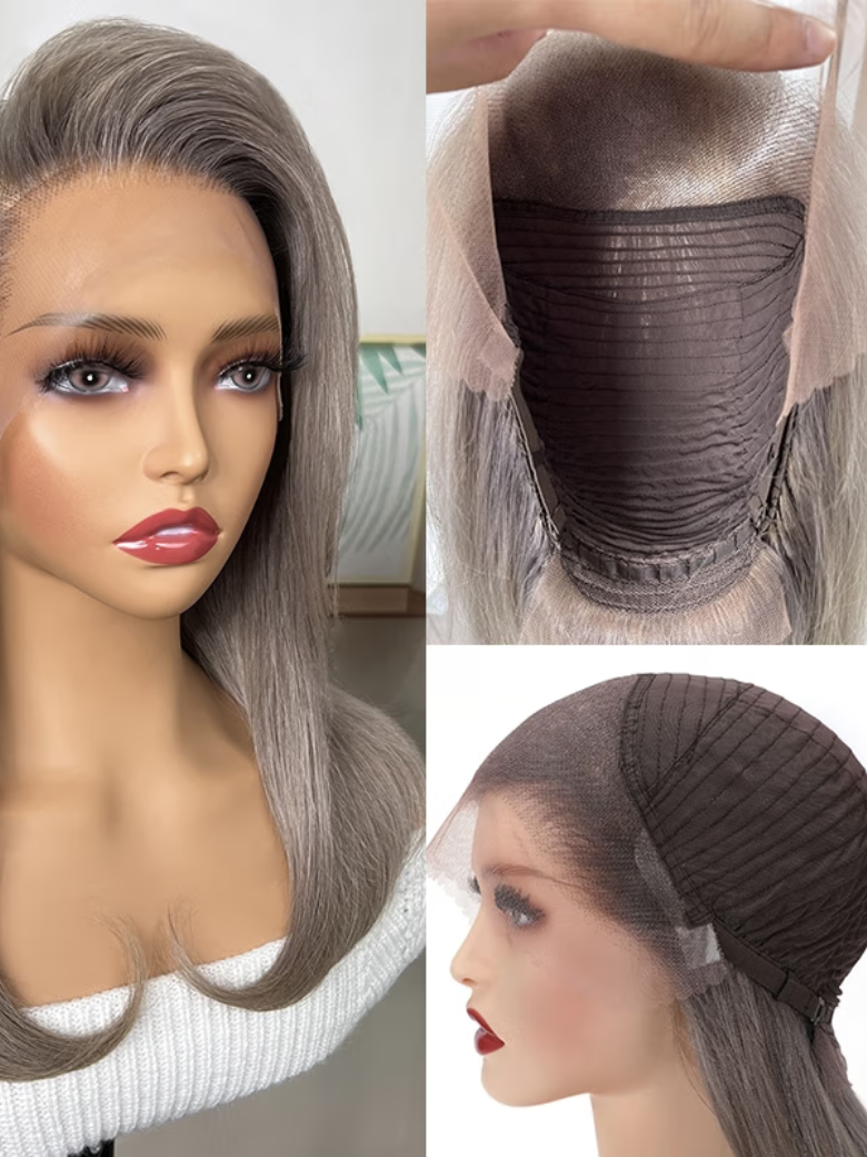 Silver Grey 13x4 Lace Front Straight Free Part with Side Wavy Bob Wig