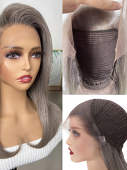 Silver Grey 13x4 Lace Front Straight Free Part with Side Wavy Bob Wig