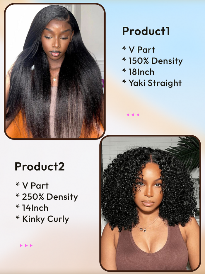 Petaluxe 2 Wigs $209 for 18" U Part Yaki Straight Hair And 250% Density 14" V Part Kinky Curly Wig